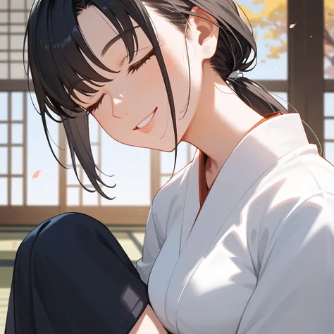 girl,White Japanese dress ,thin,smile,Bangs,Brown-black hair,Have a moleใต้ตา, Long Sleeve Shirt,puberty ,smileอ่อน,sit, black undershirt,Low ponytail,Mother,Have a mole, black background,sitบนเก้าอี้ไม้, without eyes,Kimono set, close their eyes,close eye...