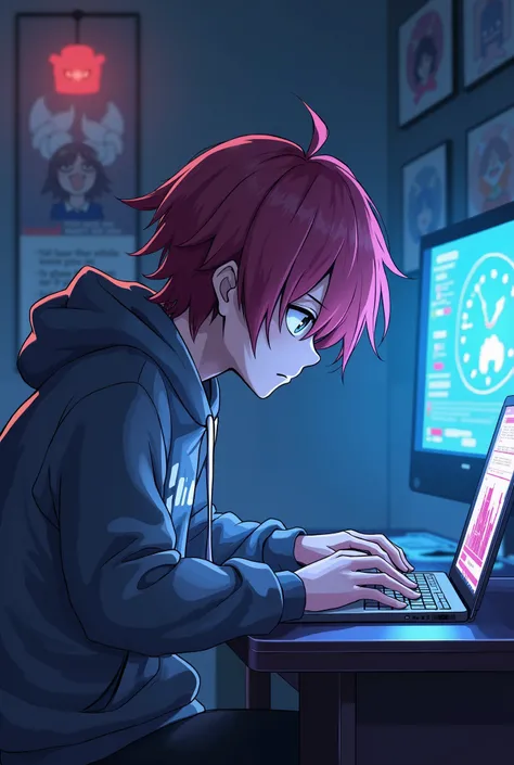 there is a man in a hoodie sitting at a laptop, an anime drawing by Kanbun Master, trending on pixiv, serial art, ig studios anime style, still from tv anime, bladee from drain gang, style of madhouse studio anime, anime opening, streaming on twitch, digit...