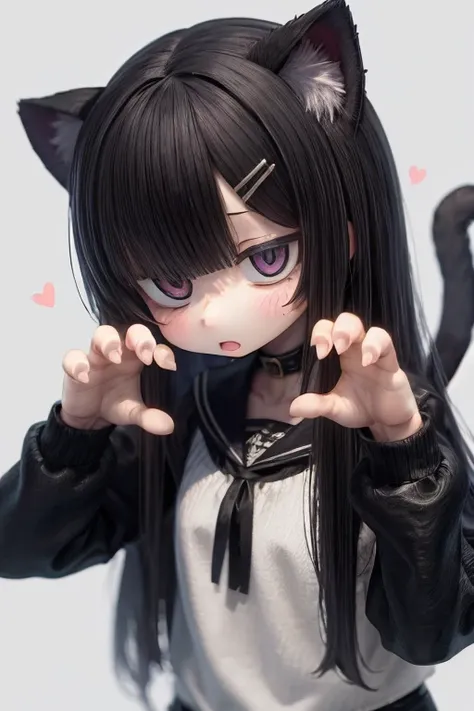  animal girl , black animal hair ,Lots of hair,Full Hair,cat ears,Claw Pose