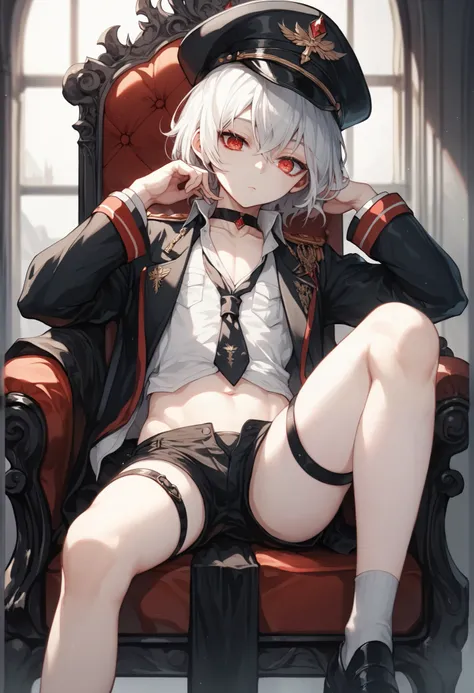 ((최고의 품질)), ((걸작)), (상세한), 완벽한 얼굴, SOLO, 1 BOY, SHOTA, ANIME, beautiful detailed eyes, BOB hair, white hair, red EYES, BARE thighs, (((BARE LEG))), ((BLACK short pants)), (((dress shirt))), ((MID DRIFF)), Flat chest, Choker, expressionless, (Thigh strap), ...