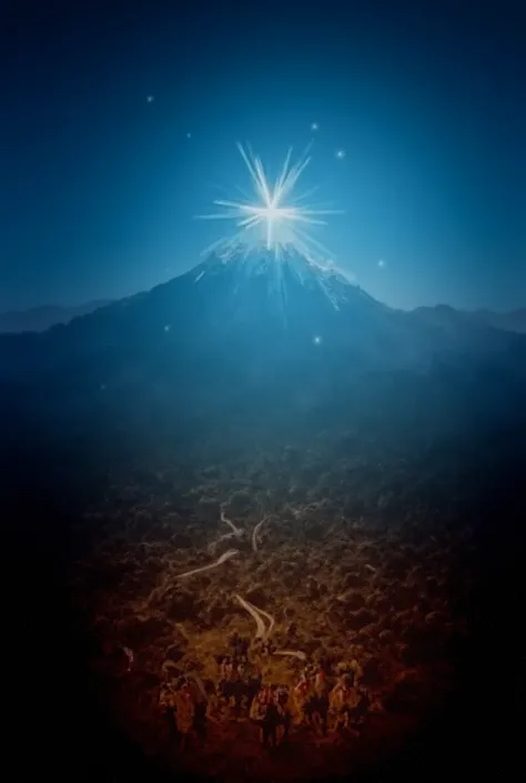 Create a Christmas card with the Teide mountain in Tenerife and the Three Wise Men on their way to the star. 