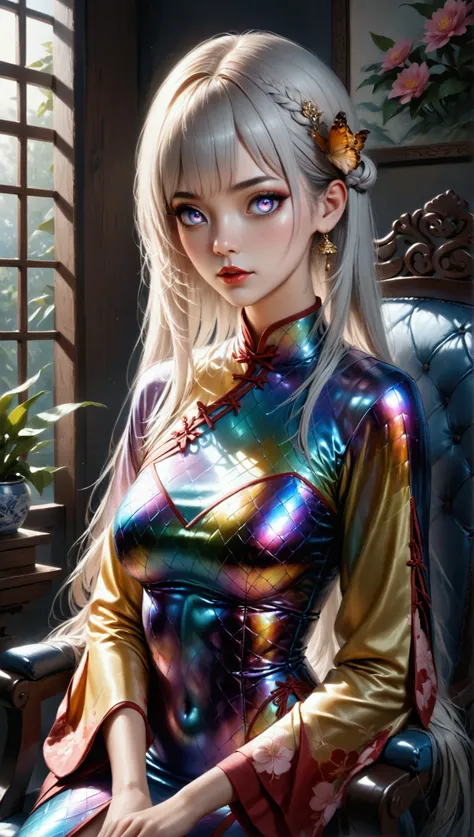 (masterpiece, aesthetic, detailed eyes, realistic), 1girl, mahiru shiina, Long smooth straight grey hair, inner dark iridescent hair,dark iridescent eyes, medium bust, medium hips, slim waist, sitting in cheongsam on the chair, super detail, best quality, ...