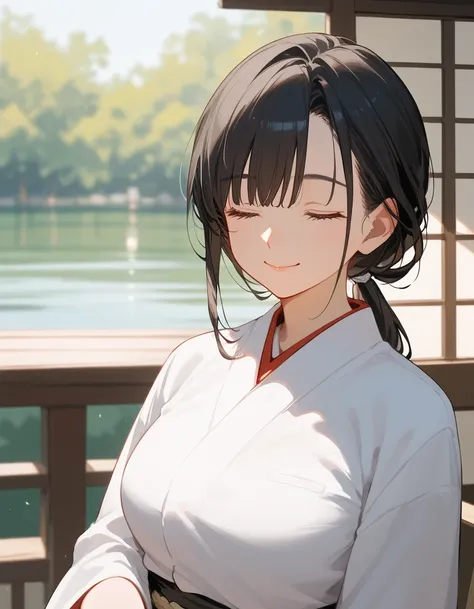 girl,White Japanese dress ,thin,smile,Bangs,Brown-black hair,Have a moleใต้ตา, Long Sleeve Shirt,puberty ,smileอ่อน,sit, black undershirt,Low ponytail,Mother,Have a mole, black background,sitบนเก้าอี้ไม้, without eyes,Kimono set, close their eyes,close eye...