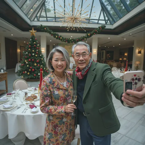 A 65-year-old Asian couple had a Christmas lunch  at a villa in Singapore, taking a selfie from the first person perspective. (Wearing high-end, stylish autumn brand clothing)