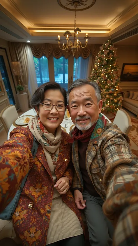 A 65-year-old Asian couple had a Christmas lunch  at a villa in Singapore, taking a selfie from the first person perspective. (Wearing high-end, stylish autumn brand clothing)