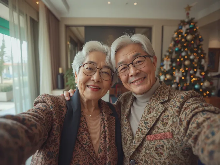 A 65-year-old Asian couple had a Christmas lunch  at a villa in Singapore, taking a selfie from the first person perspective. (Wearing high-end, stylish autumn brand clothing)