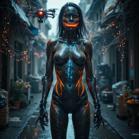 A futuristic cybernetic woman stands close to the camera, her body entirely exposed. Her skin is a sleek, chrome-like material, glimmering with metallic precision. Her face is a striking blend of bio-glass and polished chrome, with no lower jaw. Sharp, met...