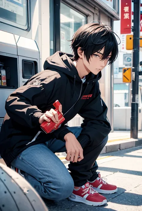 anime guy with an oppened zipper hodie, crouching holding somthing on the ground
