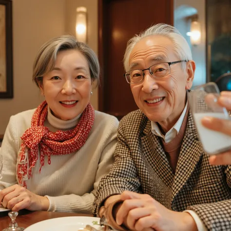 A 65-year-old Asian couple had a Christmas lunch  at a villa in Singapore, taking a selfie from the first person perspective. (Wearing high-end, stylish autumn brand clothing)