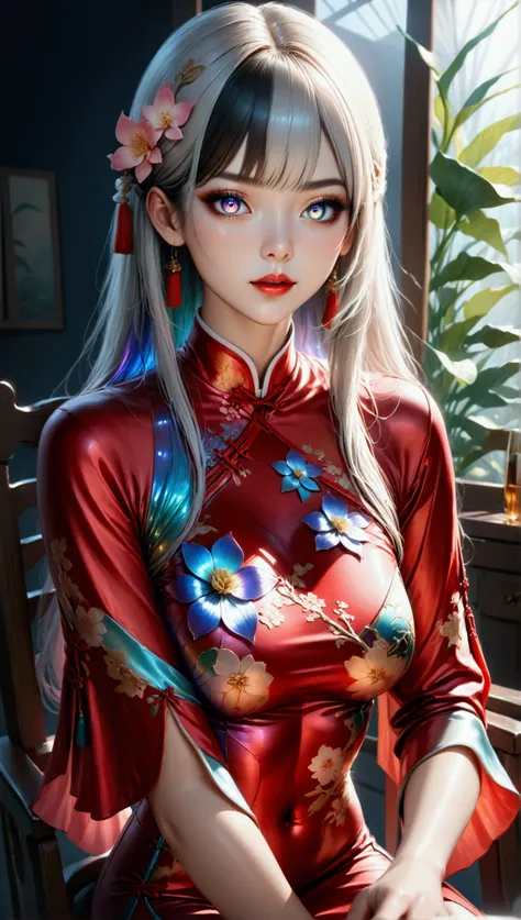 (masterpiece, aesthetic, detailed eyes, realistic), 1girl, mahiru shiina, Long smooth straight grey hair, inner dark iridescent hair,dark iridescent eyes, medium bust, medium hips, slim waist, sitting in cheongsam on the chair, super detail, best quality, ...