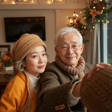 A 62-year-old Asian couple had a Christmas lunch  at a villa in Singapore, taking a selfie from the first person perspective. (Wearing high-end, stylish autumn brand clothing)