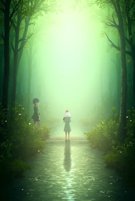  3 girls in a forest next to a bridge .  The image is an illustration of stories and you can clearly see the girls reading a magic book. One more girl crosses the bridge .  The image of the bridge is from left to right   