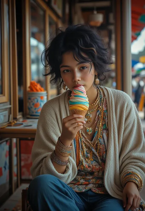 Cinematic photography. A photo of a Thai woman z, slightly messy curly hair, wearing a beige sweater, blue jeans, sitting on a chair, eating colorful ice cream in a tall cup. In a Thai local shop, wearing exquisite Thai necklaces, bracelets and jewelry.