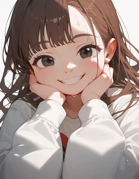 younger sister, Brown Hair , in black eyes, japanese girl ,Long hair, dark edges, Long Sleeve Shirt,Red cheeks,Chittums ,Smile wryly, pale face , White Jacket,, bend the face,Sweat Stand 