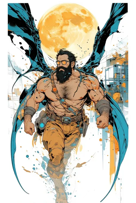 
 A man with dragon wings and glasses ,  watercolor moon in the background , man without clothes,  a sturdy man with a striking black beard , shirtless, hairy chest, flying barefoot , Fat man,. poster art, Screen printing,  comic book style from Marvel and...