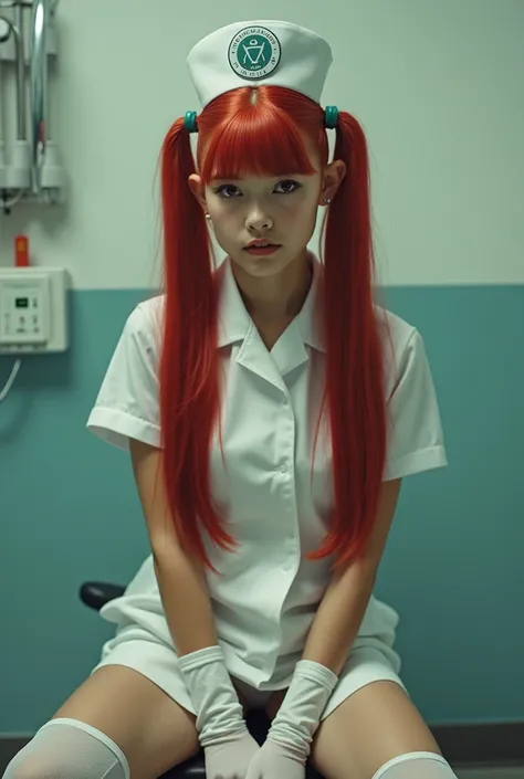 (photorealistic, raw, film photo, washed out photo, unsaturated) sexy girl with long red pigtails, 12  years, instagram model in sexy mini nurse outfit, white gloves, sitting exam room, high socks, with dark eye makeup, cleavage, subtle smile expression