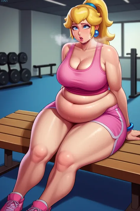 score_9, score_8_up, score_7_up, BREAK, 1girl, solo, princess peach, 1girl, solo, , blonde hair, ponytail, jewelry, bracelet, makeup, casual, cowboy shot, blue eyes, looking at the viewer, large breasts, pink tanktop, sweaty, pink shorts, sweating profusel...