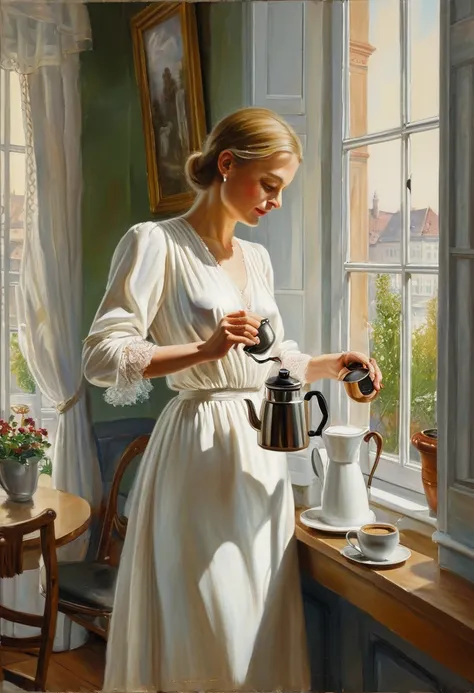 Painting of a woman in a white dress standing in front of a window pouring coffee, Harald Sloth-Moller, , Interior scene, 