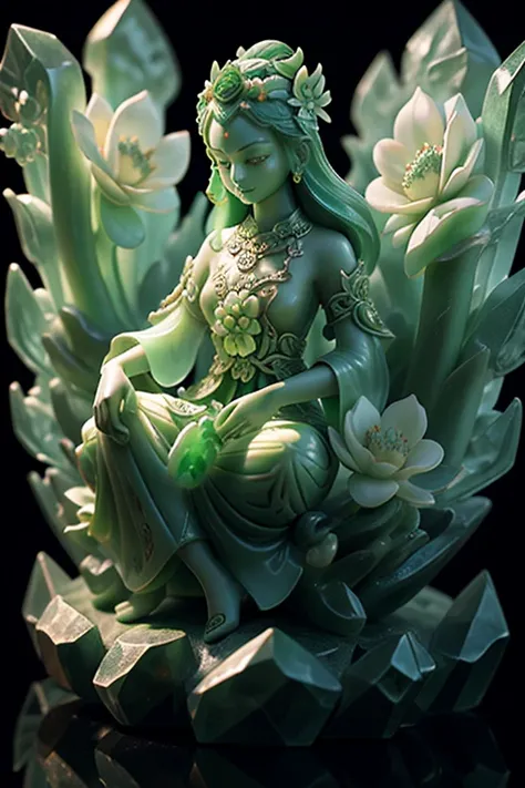 jade pieces ,  that are carved in low relief and high reliefA complex and detailed picture, in green, Flowers und ein Phönix schweben,  beautiful jade work , Flowers