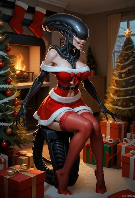 xenomorph,  Christmas dress , in a house,  Christmas tree in the background, Show ,  thigh-high red stockings,  garter in each stocking .  