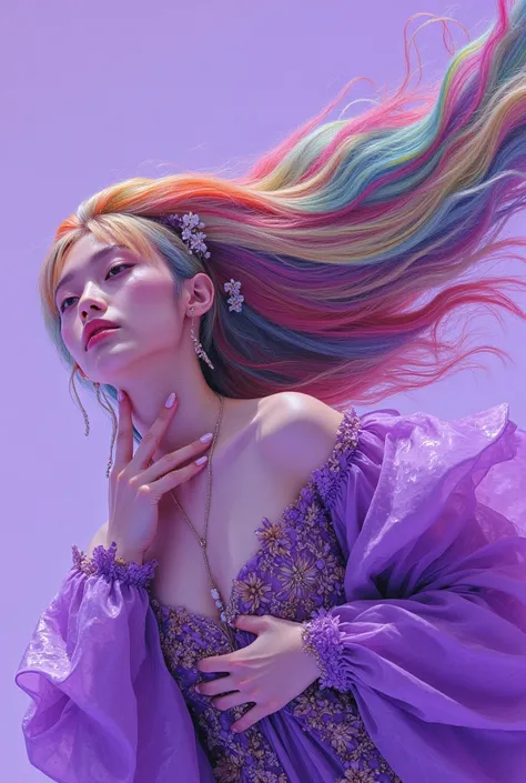 In a colorful, cinematic photoshoot, an Art Nouveau-inspired fantasy girl is shown against a gradient of pale purple. She wears an intricate purple kimono adorned with mysterious lace frills and a beautiful hair accessory. Her rainbow hair flows like a swi...