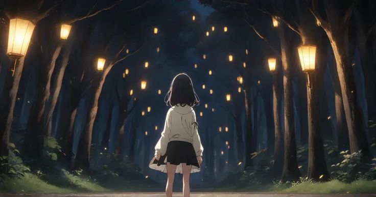 Night Forest　 Girl with Long Black Hair　 skirt with open pupils 　Tattered and dirty white clothes　key visual　anime　 anime keyvisual, wide shot, from behind,