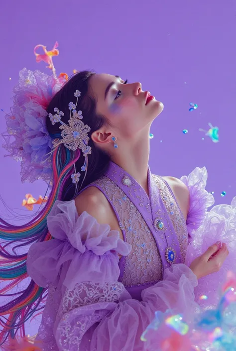 In a colorful, cinematic photoshoot, an Art Nouveau-inspired fantasy girl is shown against a gradient of pale violet. She wears an intricate violet kimono adorned with mysterious lace frills and a beautiful hair accessory. Her rainbow hair flows like a swi...