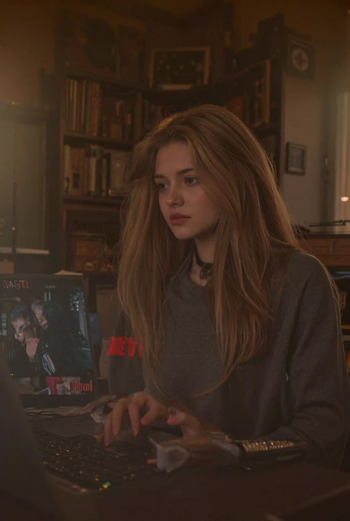 Beautiful long-haired woman who is busy working holding a laptop and watching the Netflix premium application 