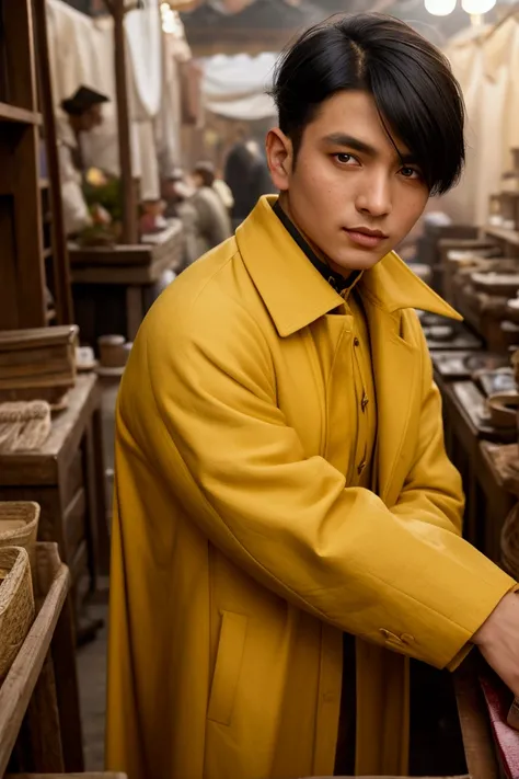 fashion photography,  of a well-endowed man as a ((sorcerous scribe)) with ((shag cut hair)) wearing (edwardian clothes),  dressed in yellow raincoat,  waterproof pants,  rubber boots,  indoor setting,  mirrored walls,  soft lighting,  hand in hair,  leani...