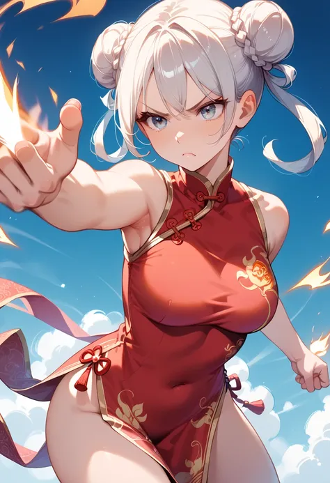 ((masterpiece, best quality, ultra detailed, high resolution, detailed facial description)), (solo, 1 girl), (cheongsam clothing), (hair rings, double bun), fighting stance, Thrusting forward, Flaming Fist, Wearing fighting spirit:1.3, (glaring)