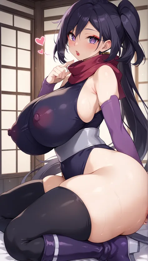 nsfw,(from front:1.3)、(Hourglass figure:1.5)、(huge ass:1.3)、(horny huge thighs, huge butt, voluptuous body, good proportions:1.5)、(huge breast:1.5)、corruption Kunoichi, red lips,(erect nipples:1.5)、ayame(gbd)、1 girl、Iris ， Kunoichi、purple eyes，Ninja costum...