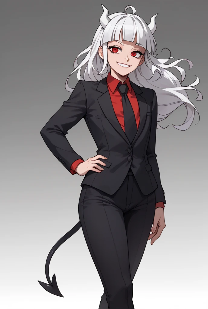 Helltaker art style, long white hair, spiky bangs, long dishevelled hair, left monocle, red eyes, gold trinket on the chest, neck tie, smug smile, black blazer, black pants, red blouse, office outfit, elegant pose, androgynous, tall girl, one girl, full bo...