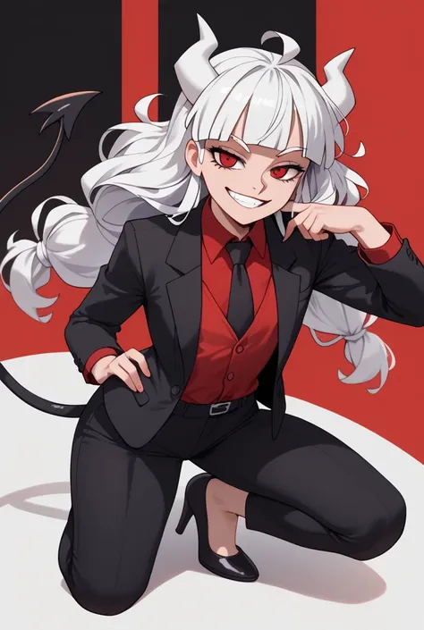 Helltaker art style, long white hair, spiky bangs, long dishevelled hair, left monocle, red eyes, gold trinket on the chest, neck tie, smug smile, black blazer, black pants, red blouse, office outfit, elegant pose, androgynous, tall girl, one girl, full bo...