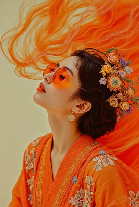 In a colorful, cinematic photoshoot, an Art Nouveau-inspired fantasy girl is shown against a gradient of pale orange. She wears an intricate orange kimono adorned with mysterious lace frills and a beautiful hair accessory. She wear orange sun glassed. Her ...