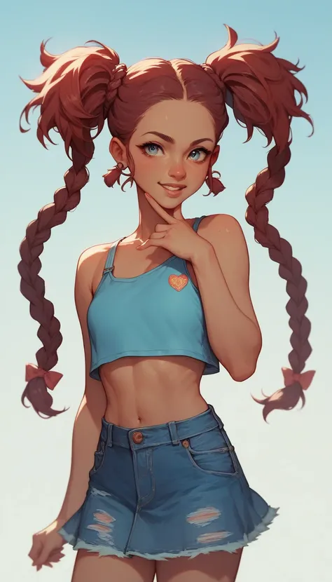 A young girl, wearing a sky blue crop top tshirt, denim skirt, dark red hair, double braided ponytails, plain background, big boobs