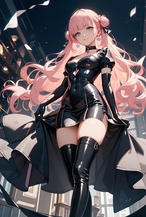 Anime girl, black latex dress, black latex long socks, black latex long gloves, pink long hair 