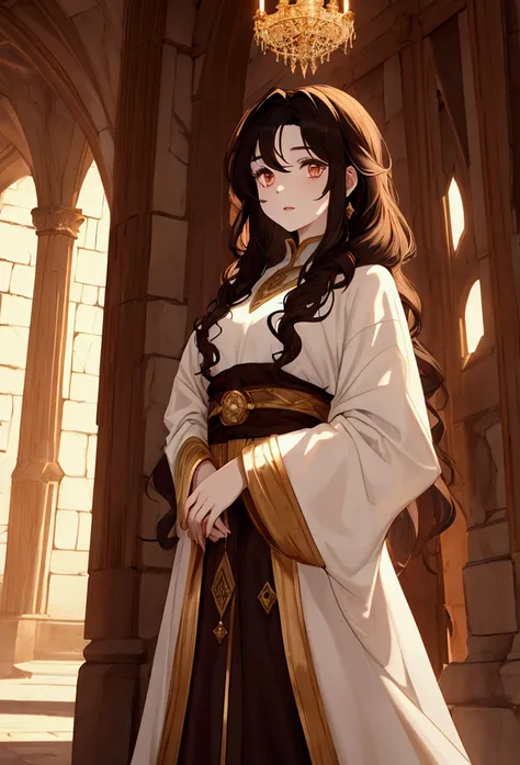 A girl with pale skin , black curly hair, His eyes are light brown,  wears a tunic like a queen. interior background of a castle, winter environment. Brown Eyes.