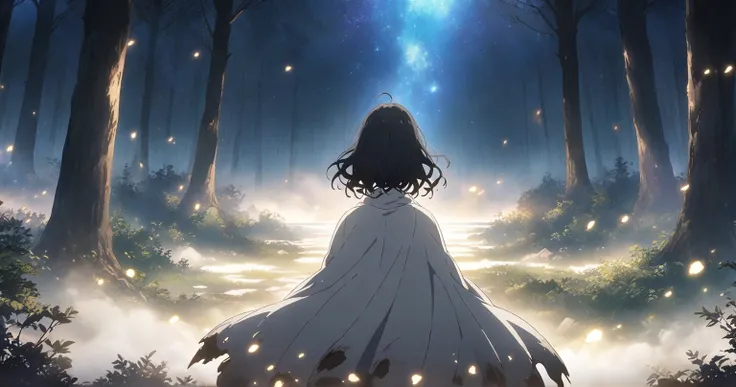 Night Forest　 Girl with Long Black Hair　A tattered and dirty white cloak　 starry sky 　key visual　anime　 anime keyvisual, wide shot, from behind,