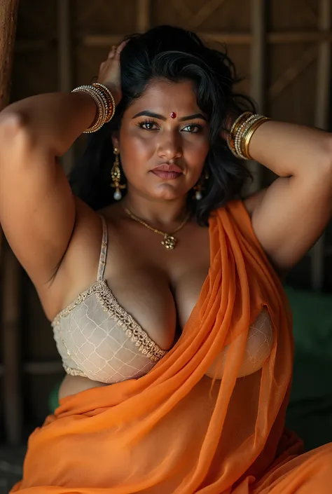 photo of Voluptuous Mature plus size Indian cute Bengali Aunty with dusky skin, wearing Transparent saree blouseless without bra , showing her large U cut Cleavage, Red Sindoor on her forehead, Shakha Pola bangles in her hand, Hair messed up, nice curves, ...