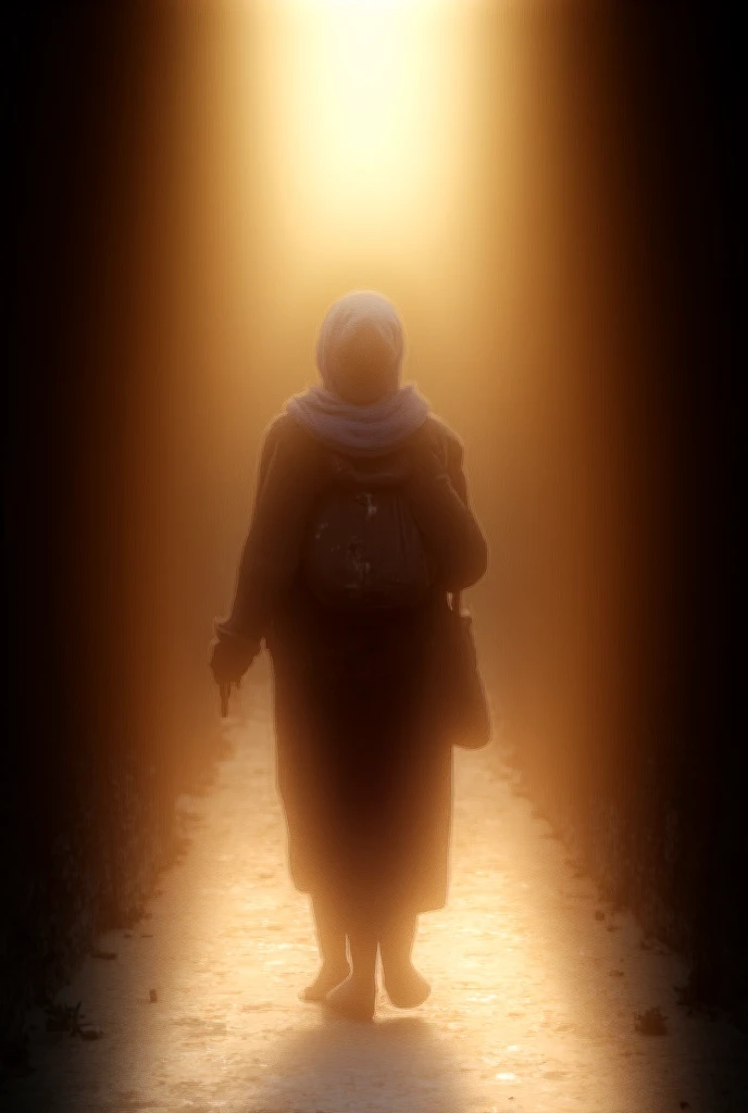 A modestly dressed mother ,  carries sack on his back,  walks down a narrow alley in the morning sun.
