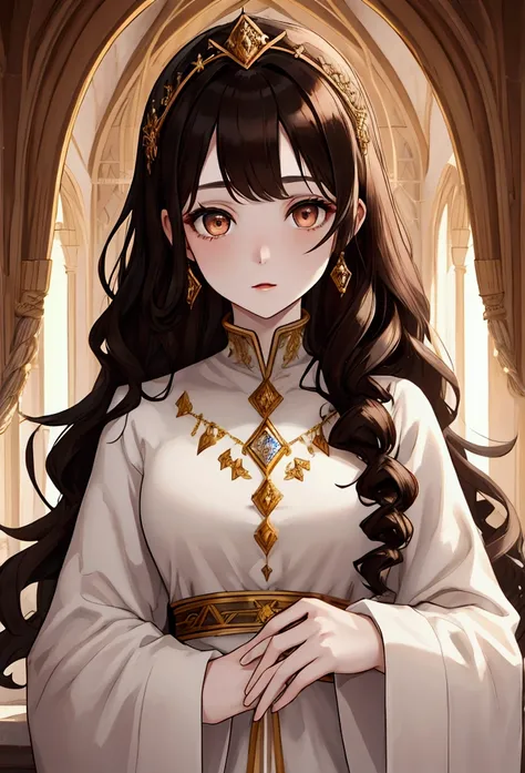 A girl with pale skin , black curly hair, His eyes are light brown,  wears a tunic like a queen. interior background of a castle, winter environment. Brown Eyes. perfectionist, dazzling beauty,  perfect lines ,  winter