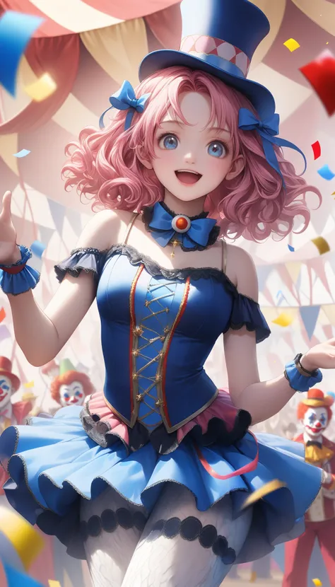        high definition    , masterpiece,    解剖学的にAccurate  , Accurate,  top quality,        high definition    model,     high detail,   Curled pink hair in great detail,  Ultra-    high definition  ,  textured skin,    1 cute circus woman,  Bare shoulders...