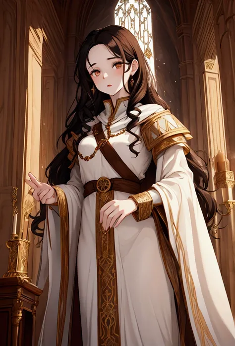 A girl with pale skin , black curly hair, His eyes are light brown,  wears a tunic like a queen. interior background of a castle, winter environment. Brown Eyes. perfectionist, dazzling beauty,  perfect lines ,  winter