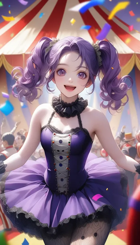        high definition    , masterpiece,    解剖学的にAccurate  , Accurate,  top quality,        high definition    model,     high detail,   Curled purple hair in great detail,  Ultra-    high definition  ,  textured skin,    1 circus woman,  Bare shoulders、  ...