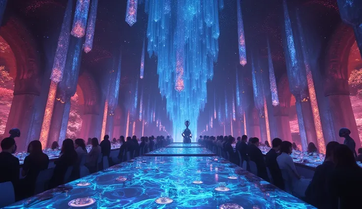 A vast futuristic dining hall with a crystalline ceiling projecting a hyper-realistic starry sky, complete with dynamic meteor showers. Floating holographic candles illuminate the space, while the long tables are made of transparent material displaying swi...