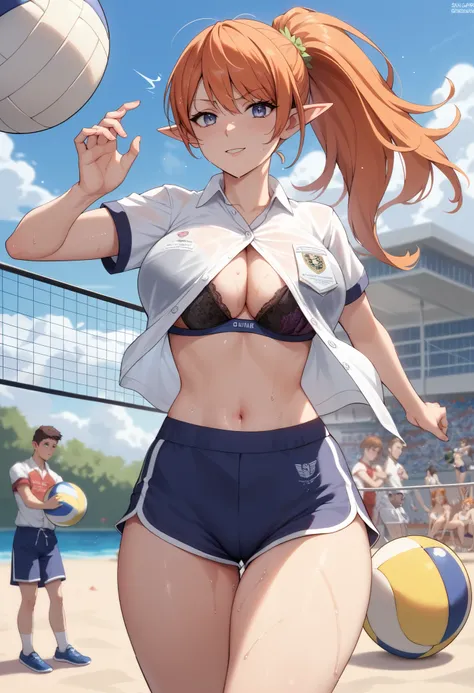 1 shy girl, details , exhibition, orange hair ,Fine clothing,designer bra,sudar , thighs,vulgar,  wet crotch ,Horny Elf, bright eyes,uniforme escolar de sport,school,students, physical education ,sport,sunny,heat,sweat,button down shirt, shorts ,playa,beac...