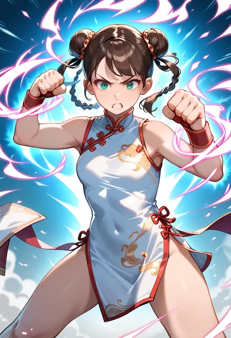 ((masterpiece, best quality, ultra detailed, high resolution, detailed facial description)), (solo, 1 girl), (cheongsam clothing), (hair rings, double bun), (fighting stance, punching, throw a series of punches), (Aura, Wearing fighting spirit:1.3)