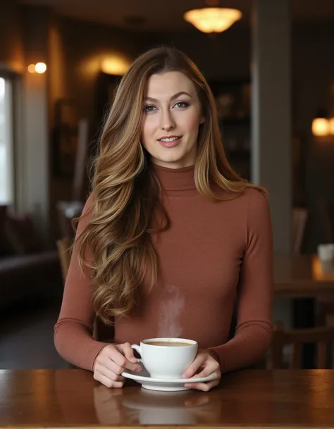 realistic photo of alexagrace wearing a fitted turtleneck dress in a cafe having a coffee