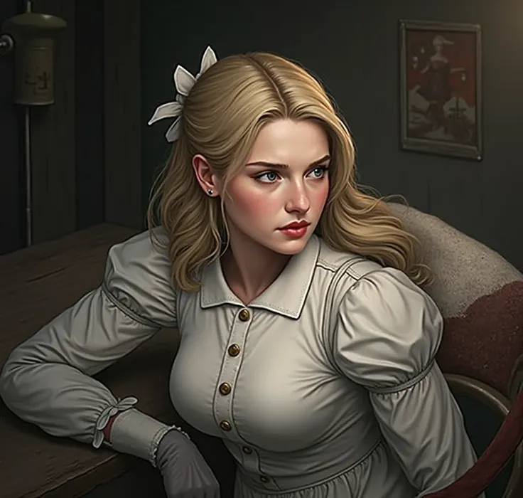 A 25-year-old blond girl with blue eyes,  with her hair half tied with a bow .  The image captures the fashion and atmosphere of the early 1900s, specifically the year 1901 , with soft lighting,  vintage aesthetic , da mesma atmostefa do jogo Red Dead Rede...