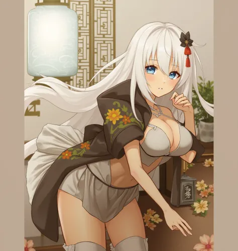 masterpiece, best quality, 1girl, illustrious (maiden lilys radiance) (azur lane), white hair, very long hair, blue eyes, hair ornaments, breasts, cleavage, china dress, chinese clothes, official alternate costume, white thighhighs, garter straps, short sl...